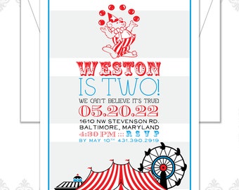 Circus Birthday Invite, Circus Tent, Retro Circus party, striped tent, Come one Come all, Carnival Spectacular, Ring Leader, Step Right Up