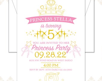 Princess Birthday Invitation, Modern Princess Invite, Princess Crown Birthday Invite, Princess Party, Princess wands, Hearts, Crown, Wand
