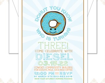 Donut Birthday Party Invitation, Sprinkle Donuts, pajama party, Donut you know who is turning three, smiley donut, morning party
