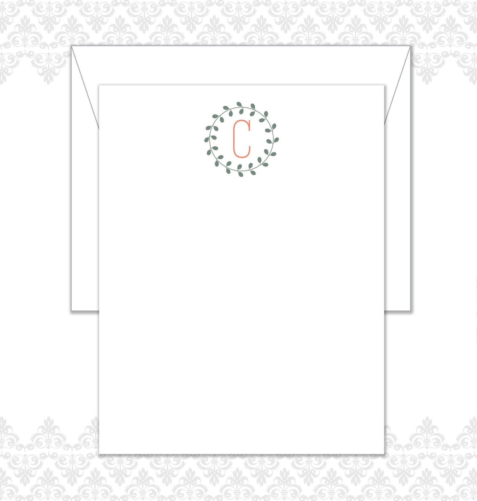Monogram Wreath Stationery Set of 10 With Envelopes, Monogram Note ...