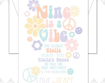 Nine is a Vibe Birthday Invitation, Vibe invite, retro, peace and love invite, peace signs, smiley faces, flowers, ten is a vibe, 70s invite