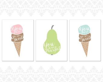 Food themed Greeting Cards Pack of 12, Variety Pack, thank yous, you are so sweet, you are perfect, ice cream, pear, fruit, treats, modern