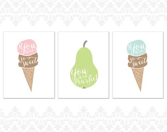 Food themed Greeting Cards Pack of 12, Variety Pack, thank yous, you are so sweet, you are perfect, ice cream, pear, fruit, treats, modern