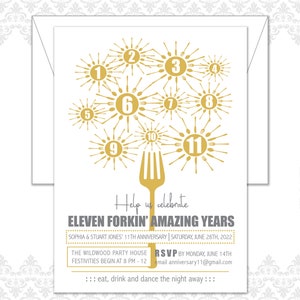 Anniversary Party Invitation, 11 Year Anniversary Invite, Place Settings, Forkin' Awesome, Modern Anniversary Invitation, Survived, Forkin image 1