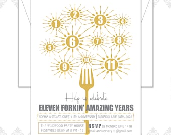 Anniversary Party Invitation, 11 Year Anniversary Invite, Place Settings, Forkin' Awesome, Modern Anniversary Invitation, Survived, Forkin