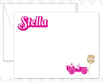 Jeep Stationery Set of 15 with envelopes, Custom Stationery, Malibu sign, Pink Jeep, Barbie lover, pink, toy jeep, kid stationery, mini jeep