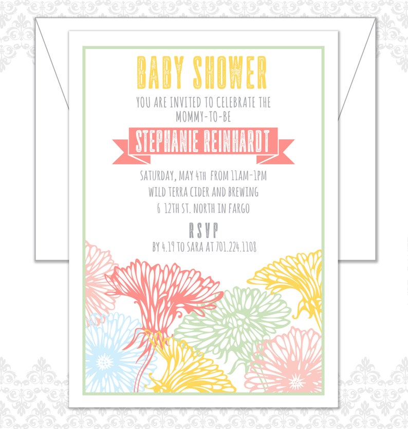 Flower Baby Shower Invite, Spring Baby Shower Invite, Floral Shower Invite, Garden Shower, Modern Flowers, Geraniums, Oh Baby Shower invite image 1