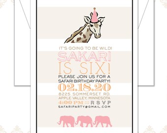 Giraffe Safari verjaardagsuitnodiging, Safari Party, Giraffe verjaardag uit te nodigen, Safari uitnodiging, moderne Safari Party, olifanten, strepen,