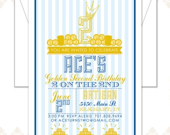 Golden Birthday Party Invitation, 2nd Birthday, Golden Birthday, golden, gold coins, crown, gold bars, gold, stripes, modern, golden invite