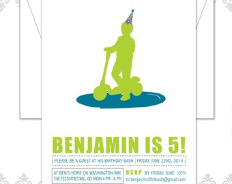 Scooter Fifth Birthday Invite, Scooter Birthday Party Invite, Scooter Invite, Silhouette boy invite, Modern boy invite, scoot on ov