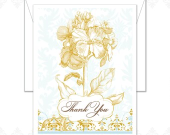 Vintage Floral Thank You Cards Pack of 12, Damask, Vintage design, Flower thank you card, garden, blue, thank you, spring, flower growing