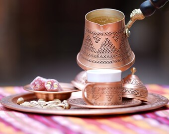 Elegant Turkish Coffee Set in Copper - coffe cup set Perfect Housewarming Gift