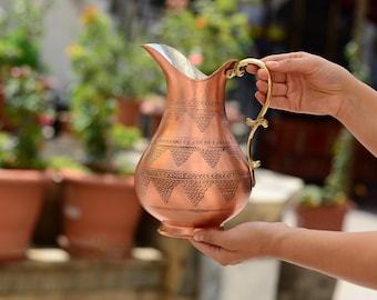 Antique Copper Handmade Jug, Moscow Mule Pitcher Jug, Handmade Copper 2 Liter Jug, Copper Tumbler Jug Set 70 Fl Oz