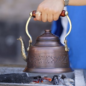 Hand Embroidered Copper Teapot: Vintage Camping Kettle (1.6qt)