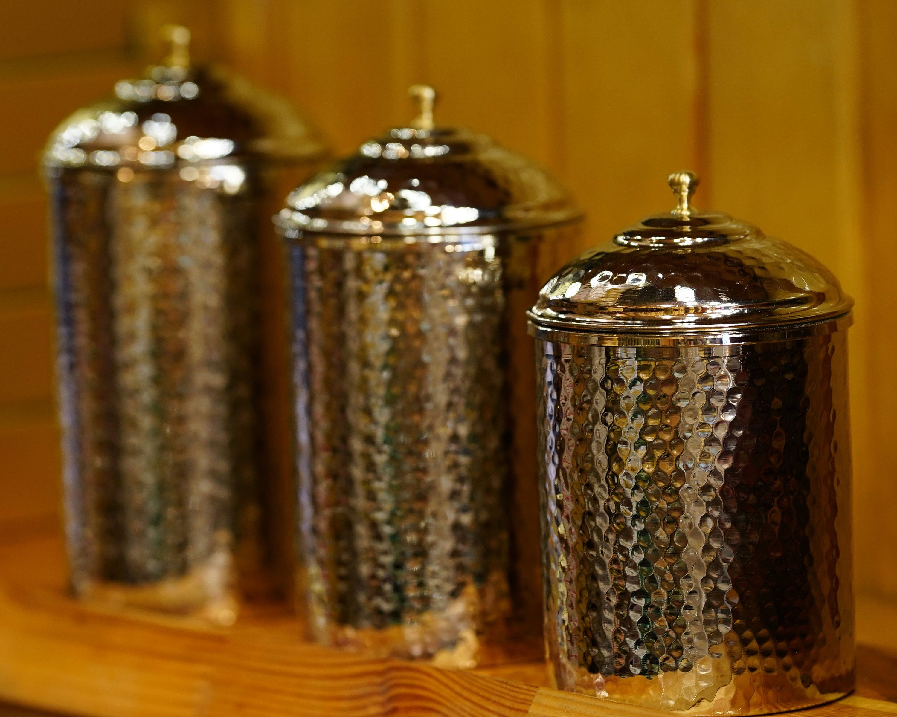 Hand Forged Copper Spice Jars: Tin-Plated Silver Color, Set of 3