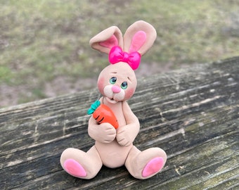 Tan Bunny Rabbit Hand Sculpted Polymer Clay Holding her Carrot Tiered Tray Decor Gift for Bunny Collectors Easter Home Decor