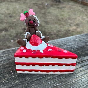 Hand sculpted polymer clay gingerbread girl valentines strawberry cake slice tiered tray decor