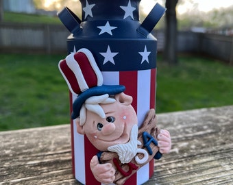 Patriotic Uncle Sam Planter Milk Can Hand Sculpted Polymer Clay, Tiered Tray Decor, Gift for her/him Collectors, 4th of July Home Decor