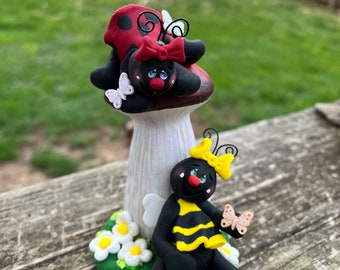 ladybug and Bumblebee Polymer Clay, mushroom spring garden, tiered tray decoration, Gift for Mom, Fairy Garden Decor, Flower Butterfly Decor