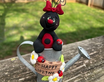 Ladybug Watering Can Hand Sculpted Polymer Clay, Tiered Tray Decor, Gift for Collectors, Spring Home Decor