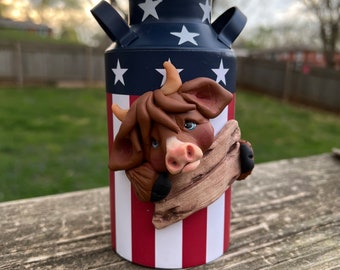 Highland Cow Planter Milk Can Hand Sculpted Polymer Clay, Tiered Tray Decor, Gift for Cow Collectors, Patriotic Home Decor, Farm Decoration