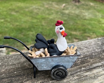 Country Chicken sitting in Wheelbarrel Hand Sculpted Polymer Clay Farm Animals Tiered Tray Decor Gift for Chicken collectors
