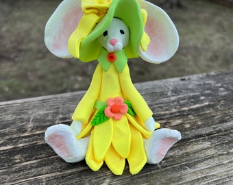 White Spring Yellow Flower Bunny Hand Sculpted Polymer Clay, Tiered Tray Decor, Gift for Bunny Collectors, Easter/Spring Home Decor