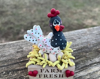 Chicken in Nesting Box Hand Sculpted Polymer Clay Farm Animals Tiered Tray Decor Gift for Chicken collectors