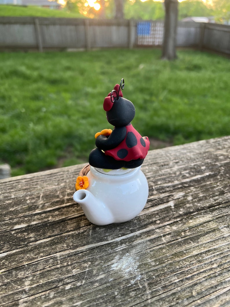 Garden Ladybug Sitting on a Teapot Hand Sculpted Polymer Clay, Tiered ...