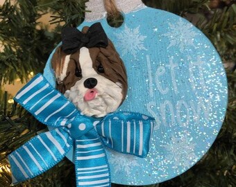 Hand Sculpted Polymer Clay Dark Brown and White Shih Tzu Ornament