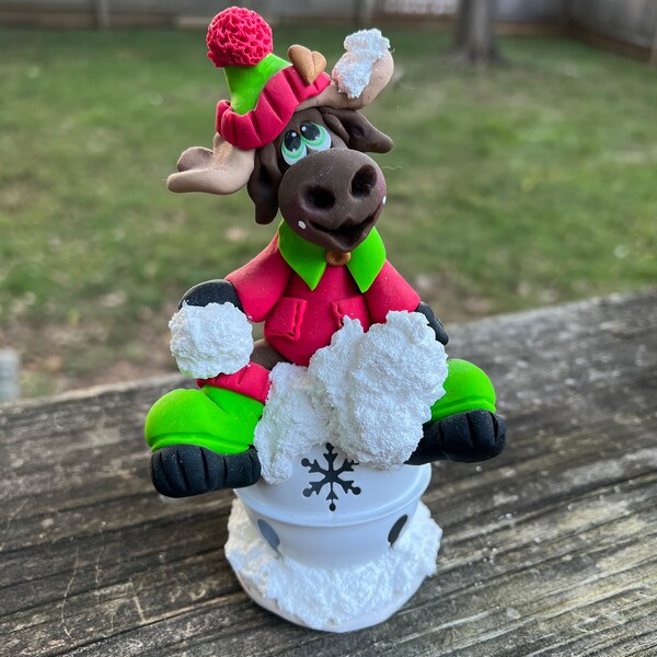 Woodland Moose on Snowball Hand sculpted polymer clay Tiered Tray Home Decor