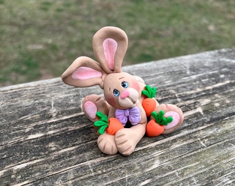 Tan Bunny with His Garden Carrots Hand sculpted polymer clay Spring Decoration Tiered Trat Decor Gift for Her Him