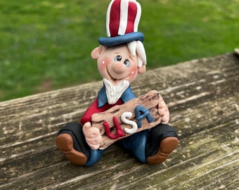 Patriotic Uncle Sam holding his USA Sign Polymer Clay, Hand Sculpted, Tiered Tray Decor, Gift for Her/Him, Summer 4th of July Decoration