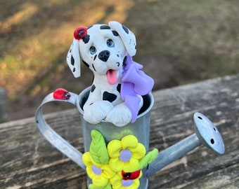 Dalmatian Watering Can Hand Sculpted Polymer Clay, Tiered Tray Decor, Gift for Dog Mom Dad, Easter/Spring Home Decor,