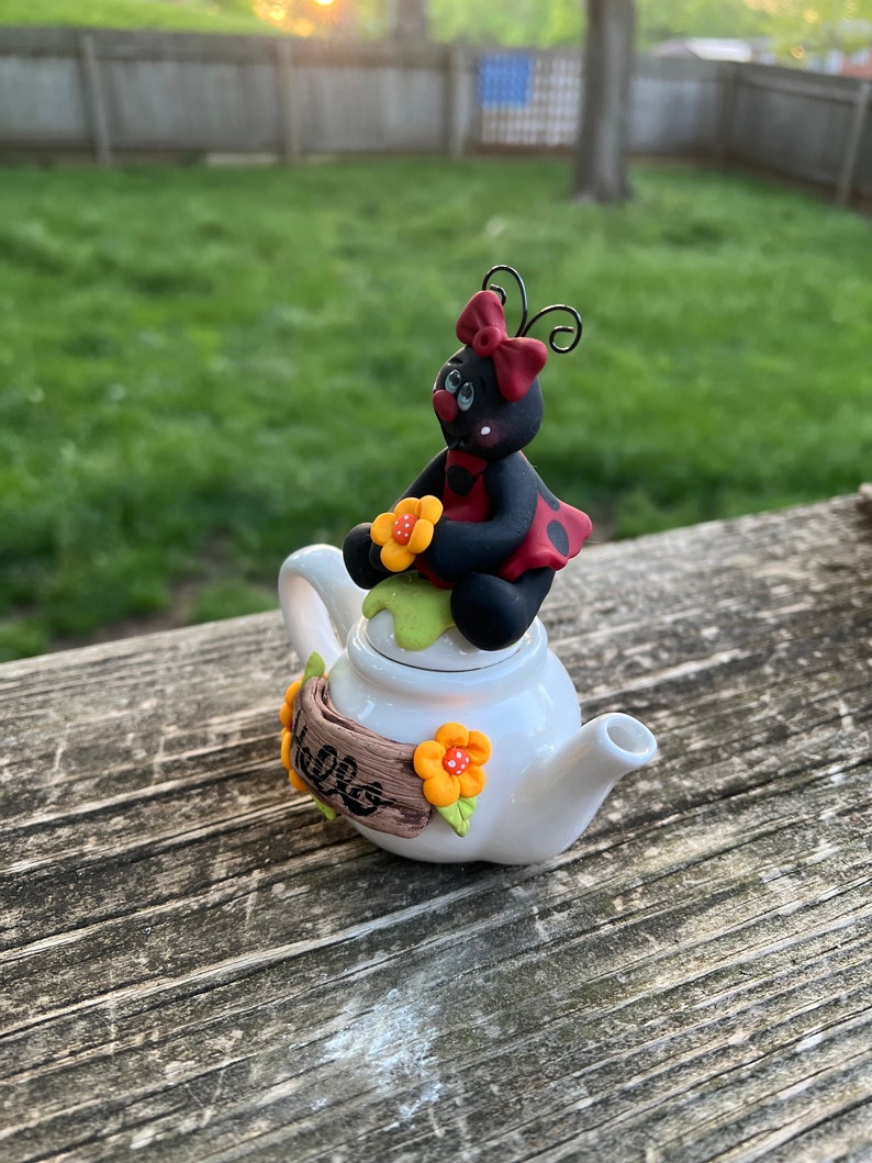 Garden Ladybug Sitting on a Teapot Hand Sculpted Polymer Clay, Tiered ...