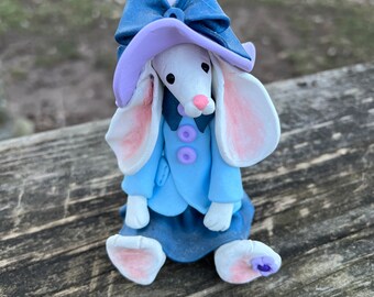 White Bunny all Dressed in Blue Hand Sculpted Polymer Clay, Tiered Tray Decor, Gift for Bunny Collectors, Easter/Spring Home Decor