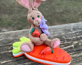 Tan Bunny Sitting on a Carrot Hand Sculpted Polymer Clay, Tiered Tray Decor, Gift for Bunny Collectors, Easter/Spring Home Decoration