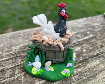 Chicken Nest in tub Hand Sculpted Polymer Clay, Tiered Tray Decor, Gift for Chicken Lovers, Farmhouse Decoration, Fairy Garden, Farm Animals