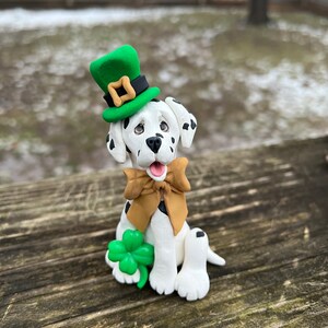 Dalmatian St Pat's Day Leprechaun Polymer Clay Hand Sculpted Tiered Tray Decor, Gifts for Pet Parents, Dog Lovers, Dalmatian Mom Dad