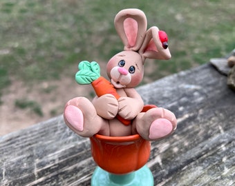 Bunny Rabbit Sitting in Flower Egg Cup Hand Sculpted Polymer Clay Tiered Tray Decoration Gift for Easter/Spring