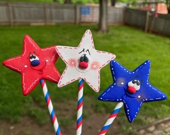 Hand Sculpted Polymer Clay July 4th Star Picks Set of 3