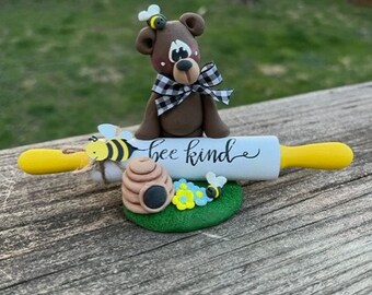 Hand Sculpted Polymer Clay Brown Bear Bee Kind Rolling Pin