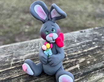 Grey Bunny Hand Sculpted Polymer Clay Holding his Spring Tulips, Tiered Tray Decor, Gift for Bunny Collectors, Easter/Spring Home Decor