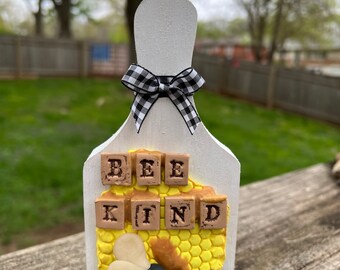 Hand sculpted polymer clay Bee Kind white mini cutting board tiered tray decor