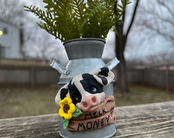 Holstein Cow Planter Milk Can Hand Sculpted Polymer Clay, Tiered Tray Decor, Gift for Cow Collectors, Spring Home Decor, Farm Decor