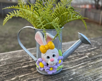 White Bunny Planter Watering Can Hand Sculpted Polymer Clay, Tiered Tray Decor, Gift for Bunny Collectors, Spring Home Decor