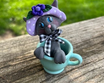 Hand Sculpted Polymer Clay Tea Cup Kitty