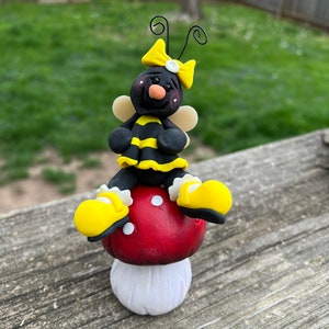 Hand sculpted polymer clay garden bumblebee on mushroom tiered tray decor