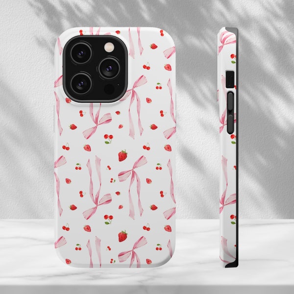 Strawberry Cherry Coquette Phone Case, Magsafe Phone Case, Cottagecore Phone Cases, Preppy Coquette Phone Case, iPhone Cases Gifts for Girls