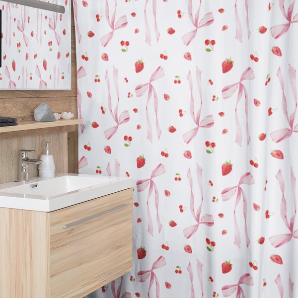 Strawberry Cherry Coquette Shower Curtain, Cute Shower Curtain Bathroom Decor, College Apartment Decor Preppy Dorm Room Decor Dopamine decor